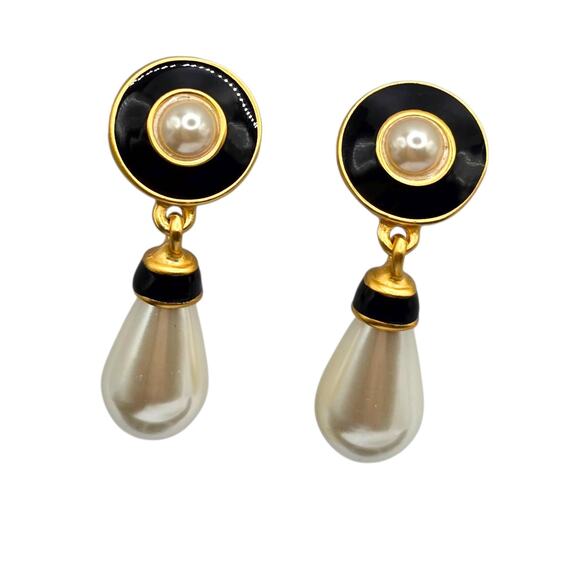 Avon Statement Earrings Gold Tone Faux Pearl Drop Dangle Enamel Post Pair - Picture 3 of 8